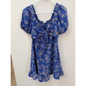 Sienna Sky Blue Floral Puff Sleeve Mini Dress Tie-Front Ruffle Hem Size XS